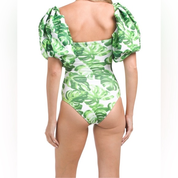 Caroline Constas Nova Off-Shoulder Puff Sleeve One Piece in Green Palm Leaf XS - Picture 2 of 10